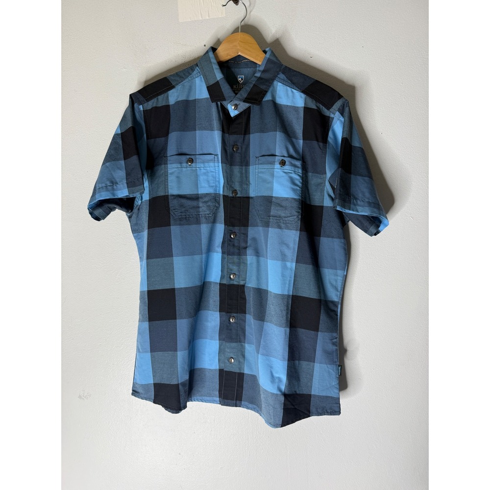 Kuhl styk short sleeve collar men's button down blue plaid size medium tapered